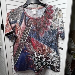 CJ Banks Embellished Paisley Patchwork Top Multicolor Boho Bling Tee Womens Sz X